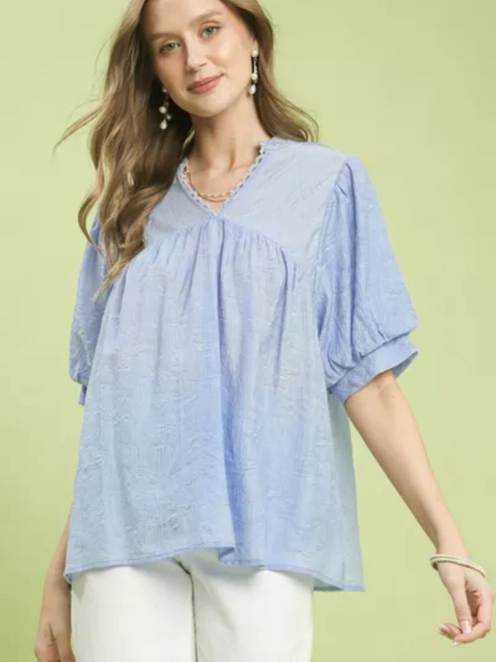 Umgee Textured Lace Trim V-Neck Boho Blouse